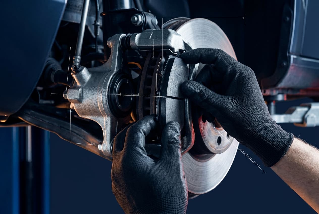 A mechanic fitting a new brake pad to a vehicle on a workshop lift