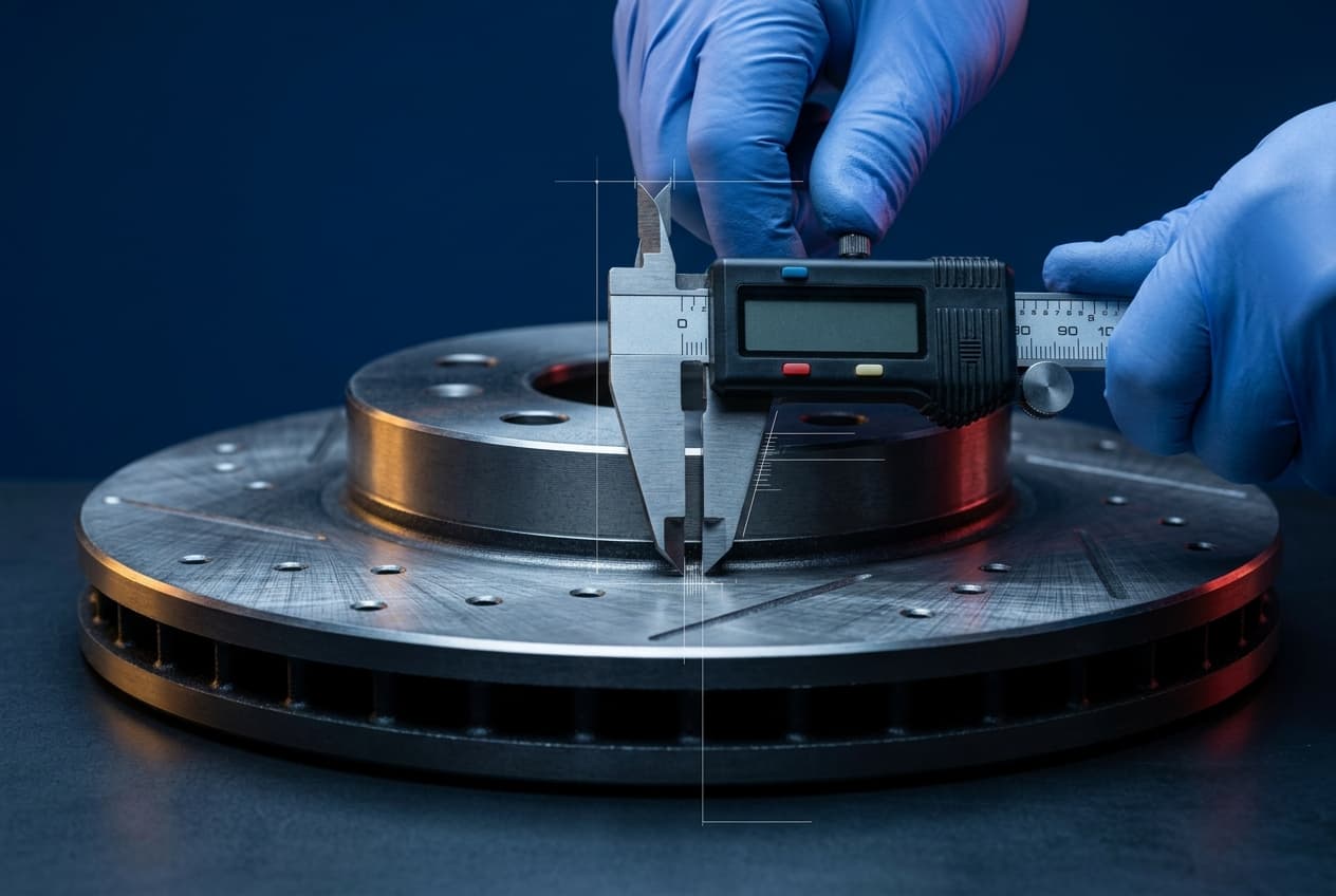 A quality inspector measuring a new brake disc at a workbench